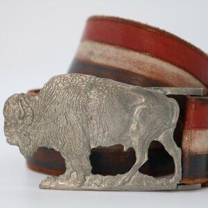 Vintage 1973 Synek Buffalo Belt Buckle, Handcrafted Red White Blue Leather Belt
